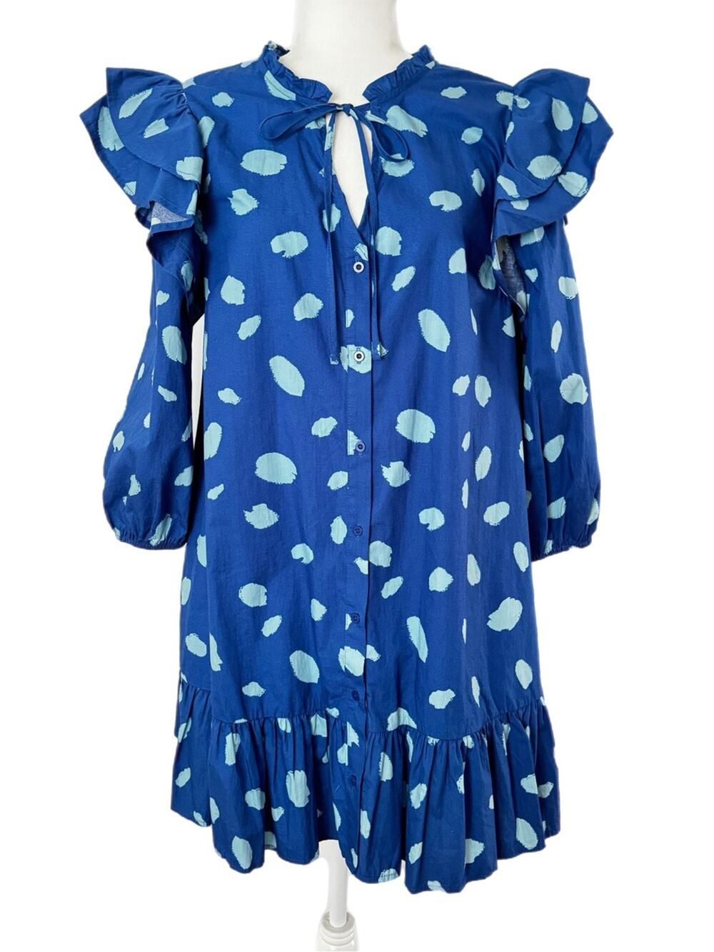 Sugar lips Blue Polka-Style Ruffle-Sleeve Tie-Neck Dress Sz M